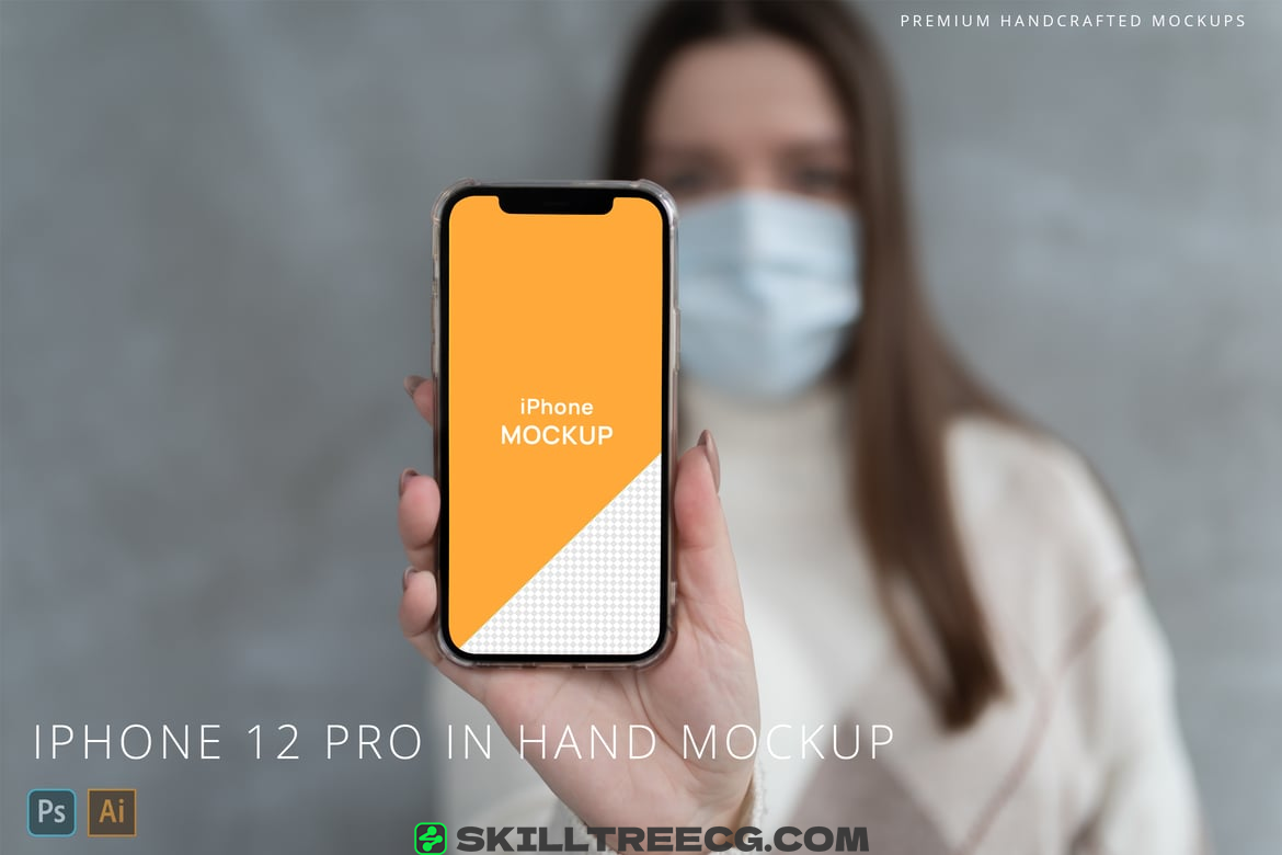 iPhone 12 Pro Person Holding in Mask Mockup（613130）-技能树